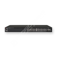 Ruckus ICX7450-24P-E: 24-port 1 GbE switch PoE+ bundle includes 4x10G SFP+ uplinks, 2x40G QSFP+ uplinks/stacking, 1x1000W AC power supply and one fan, front to back airflow