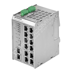 Microsens MS652119PM: Modular Industrial Gigabit Ethernet Main-Switch, 8x 10/100/1000T PoE+ (PSE), 1x 10/100/1000T PoE+ (PD), 4x Dual Media Ports: 100/1000X SFP-Slot or 10/100/1000T, Serial Port, USB Port, SD Memory Card Slot, I/O: 2x in, 2x out, 2x power input 24-57V DC