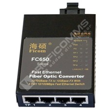HiOSO FC650AM-SC: Unmanaged 5-port Fast Ethernet switch, 1x 100Base-FX dual-fiber multi-mode fixed port (2km, 1300nm, Dual SC), 4x 10/100Base-TX RJ45 ports, external power DC +5V