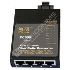 HiOSO FC650AS20-SC: Unmanaged 5-port Fast Ethernet switch, 1x 100Base-FX dual-fiber single-mode fixed port (25km, 1310nm, Dual SC), 4x 10/100Base-TX RJ45 ports, external power DC +5V